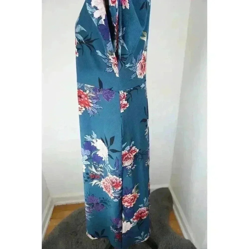Lulus Lotus Party Teal Blue Floral Print Midi Robe Dress - Size S - Picture 7 of 16